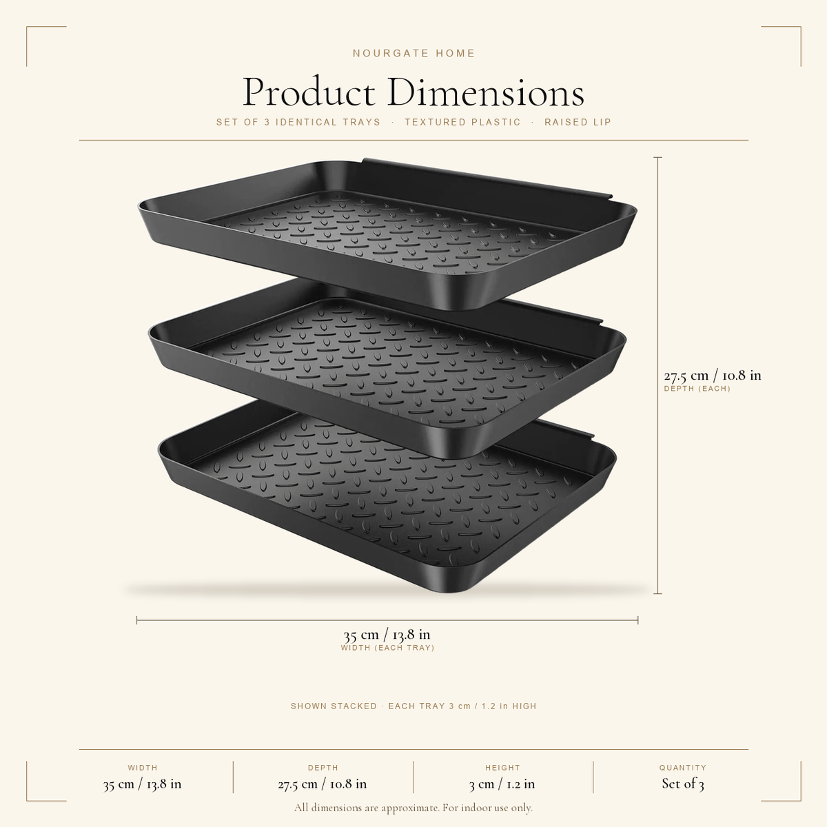Product dimensions diagram — Textured Boot Trays, Set of 3