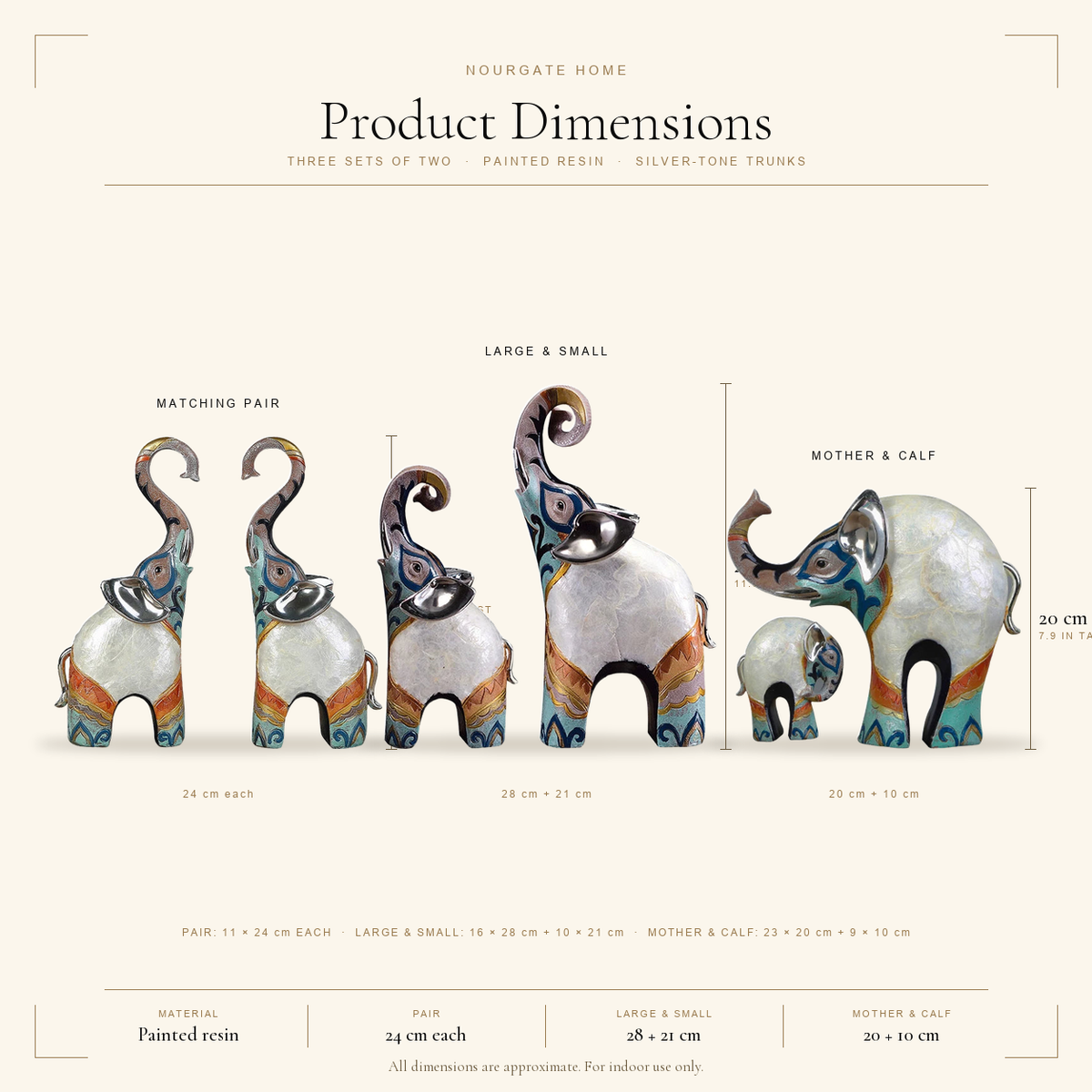 Product dimensions diagram — Trunk-Up Elephant Statues, Set of 2