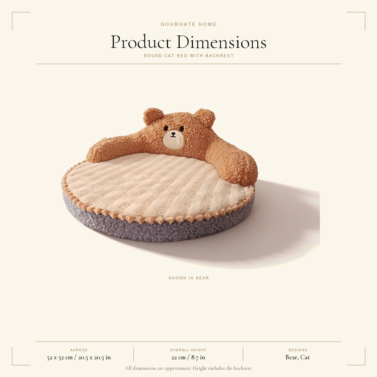 Product dimensions diagram — Plush Cat Bed with Backrest