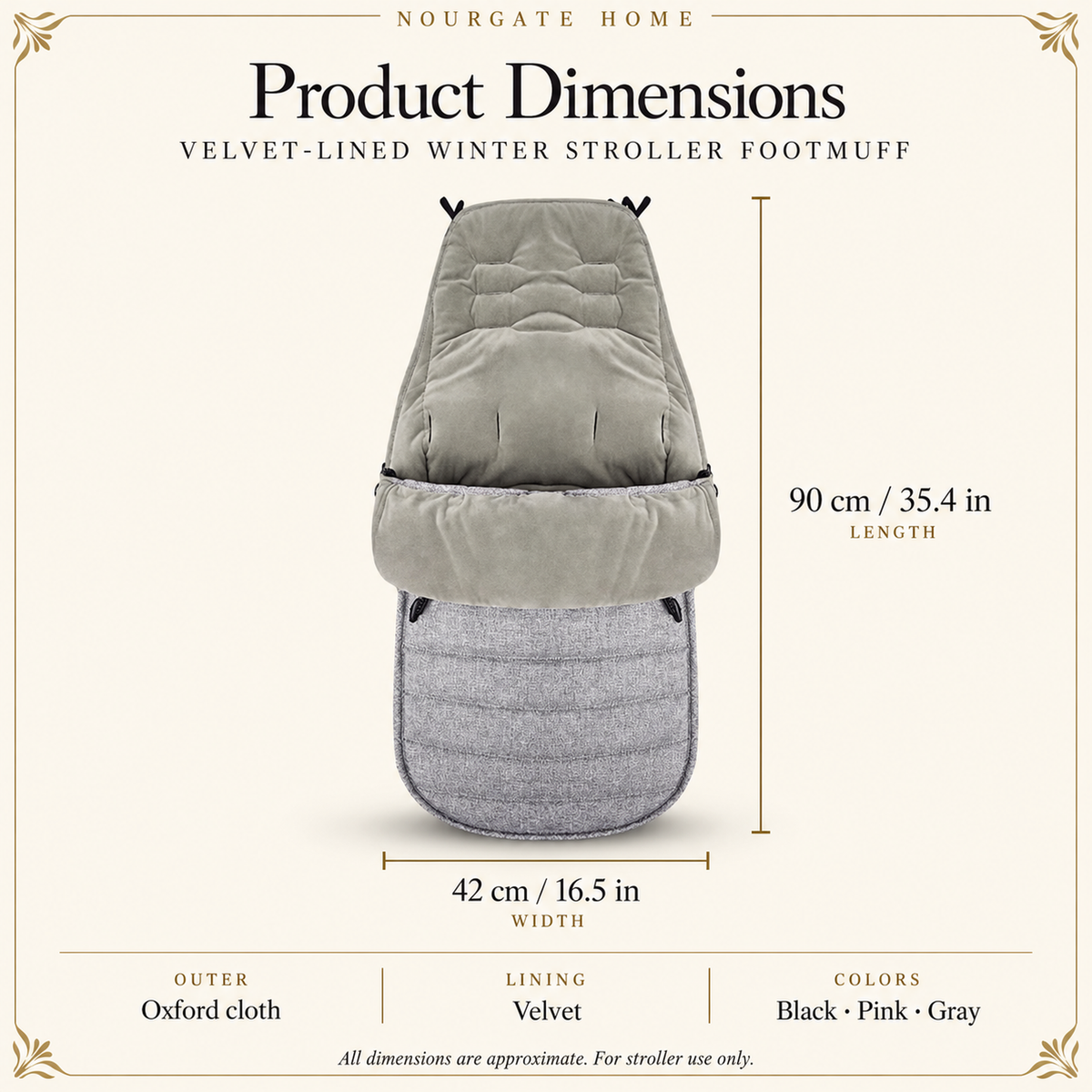 Nourgate Home dimensions diagram showing the velvet-lined winter stroller footmuff at 90 by 42 centimeters