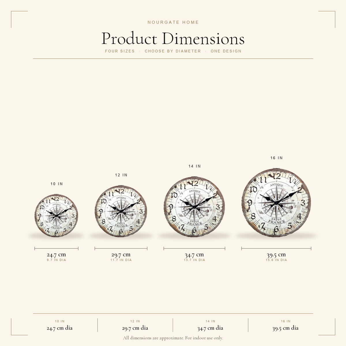 Product dimensions diagram — Vintage Compass Wall Clock