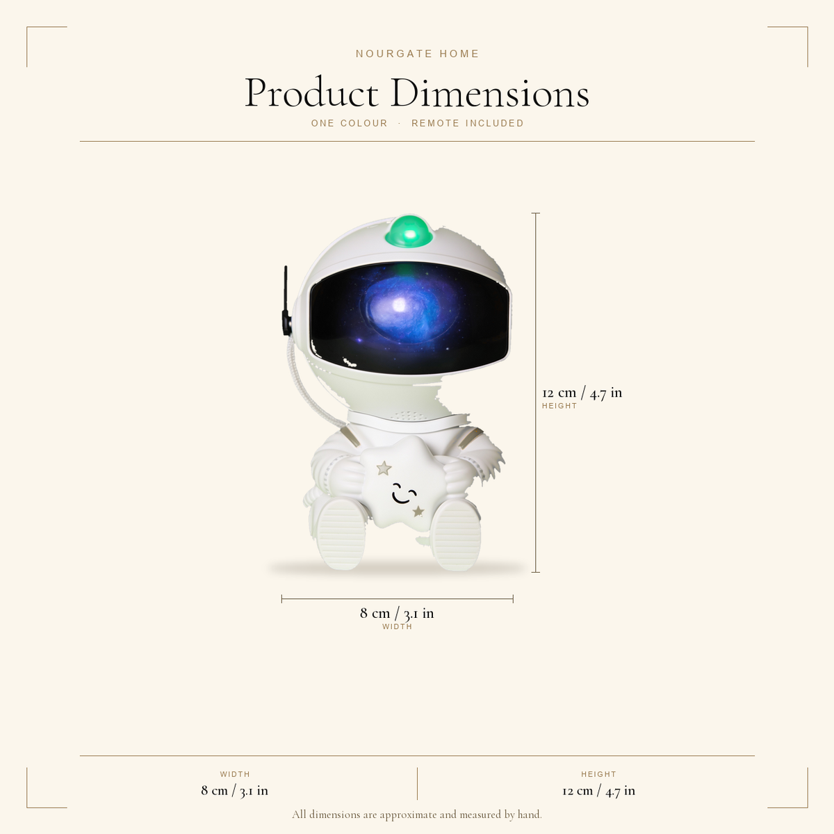 Product dimensions — White Astronaut Galaxy Projector with Remote