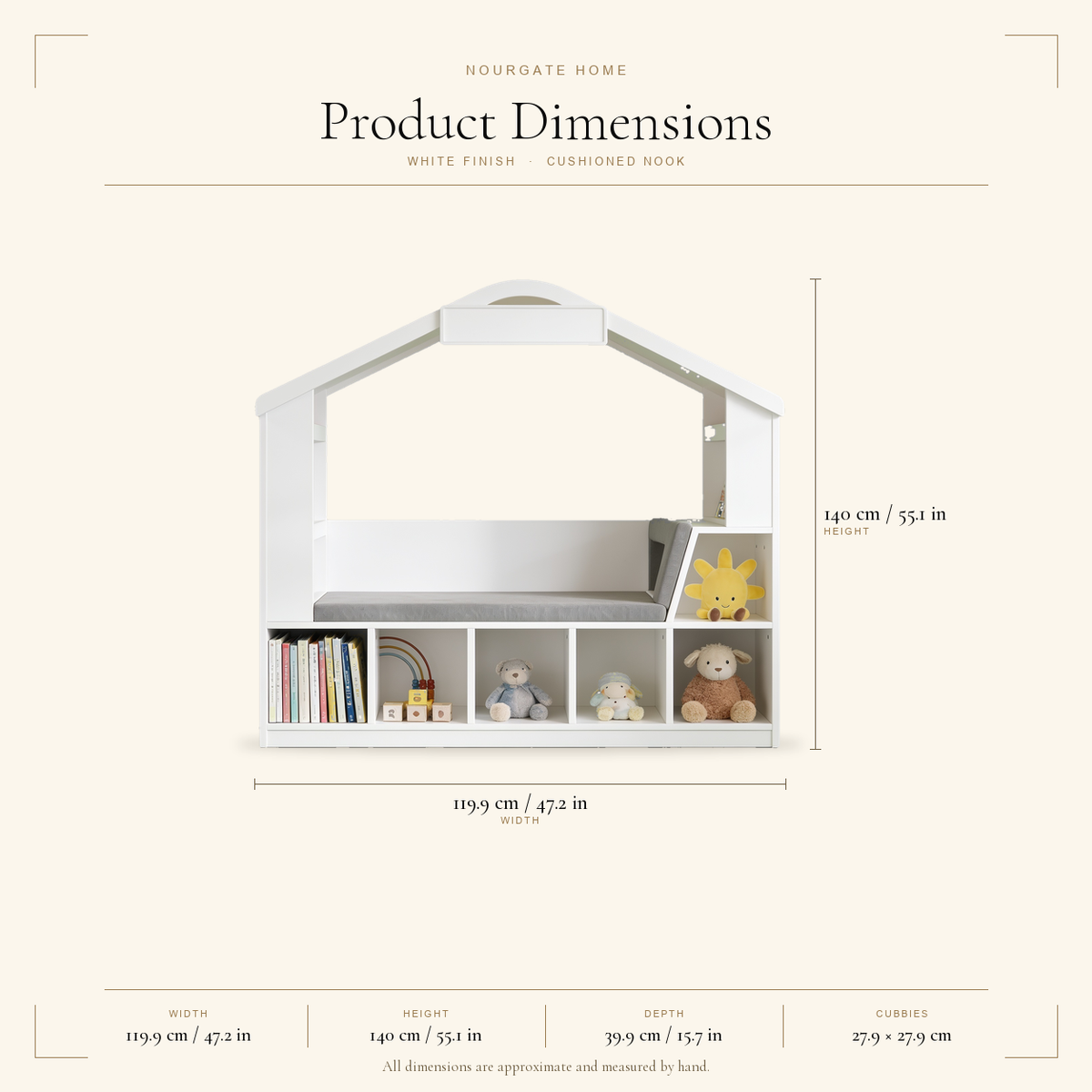 Product dimensions — White Kids House Bookshelf with Reading Nook