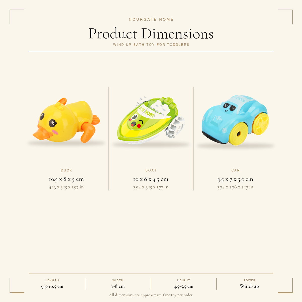 Product dimensions diagram — Wind-Up Bath Toy for Toddlers