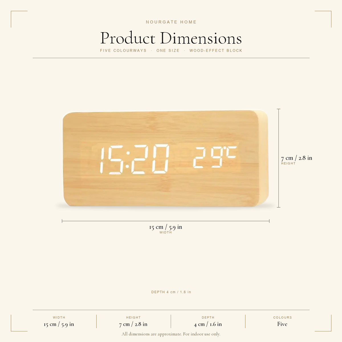 Product dimensions diagram — Wooden LED Digital Alarm Clock