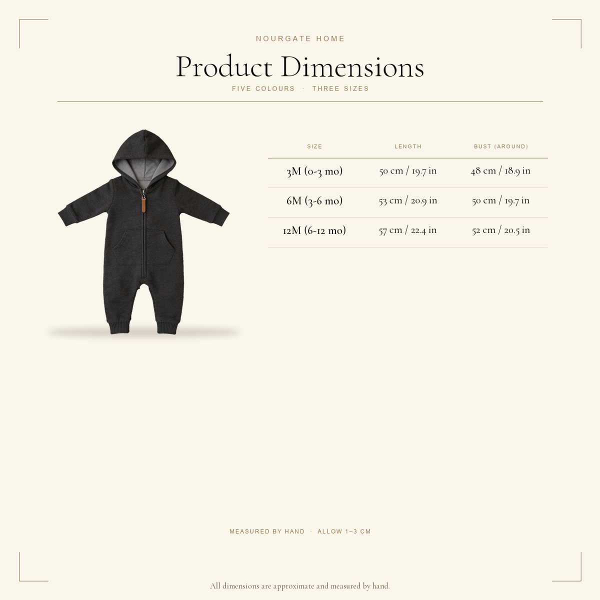 Product dimensions — Zip-Up Hooded Baby Romper with Pockets