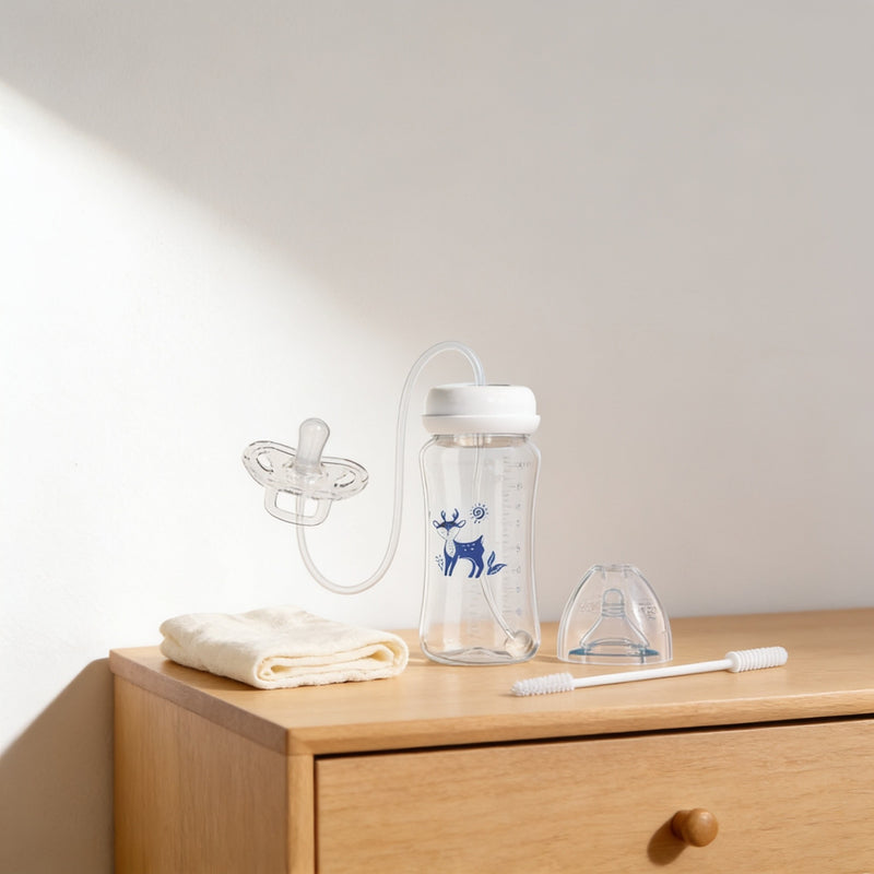 Clear 300 ml baby bottle with blue deer print and long feeding tube on a light oak dresser beside a folded muslin cloth.