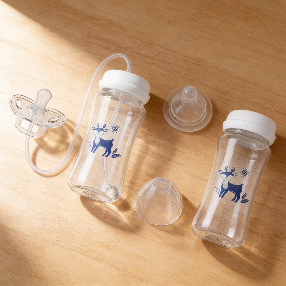 Two bottles laid out with the long-tube top and interchangeable tops.