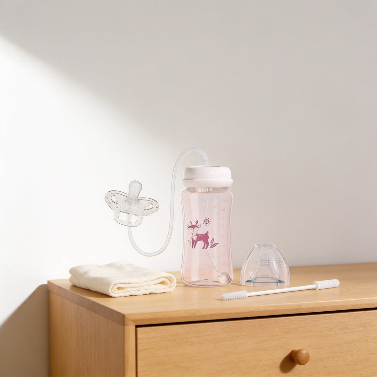 Pink-tinted baby bottle with pink deer print and long feeding tube on a light oak dresser.