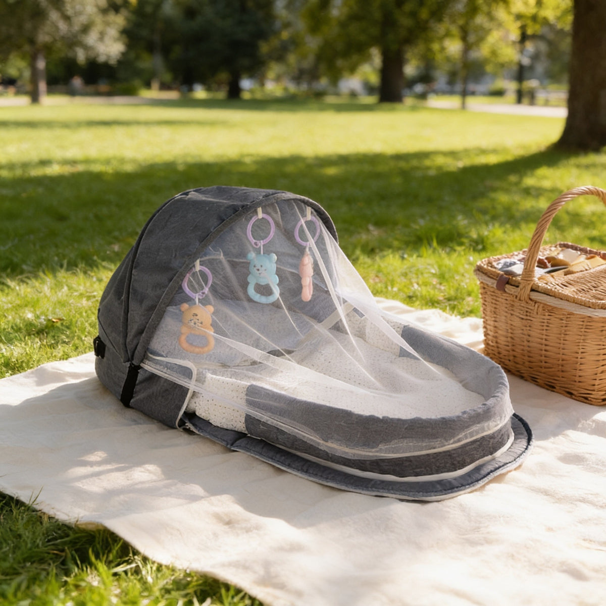 Gray portable travel bassinet with sunshade hood and mesh net.