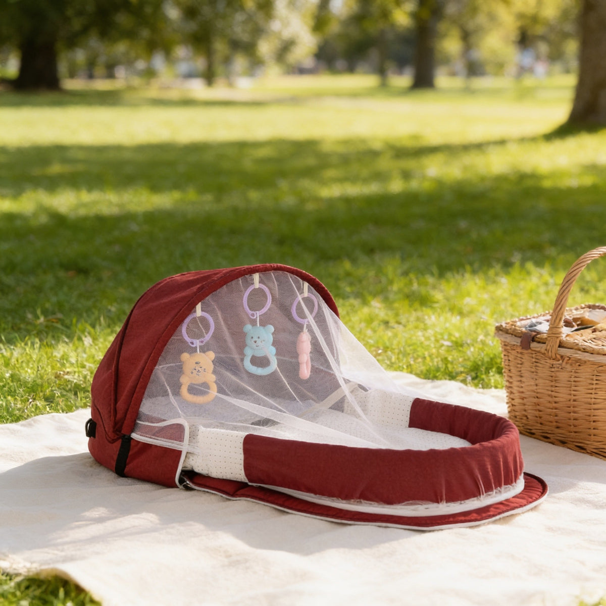 Red portable travel bassinet with sunshade hood and mesh net.