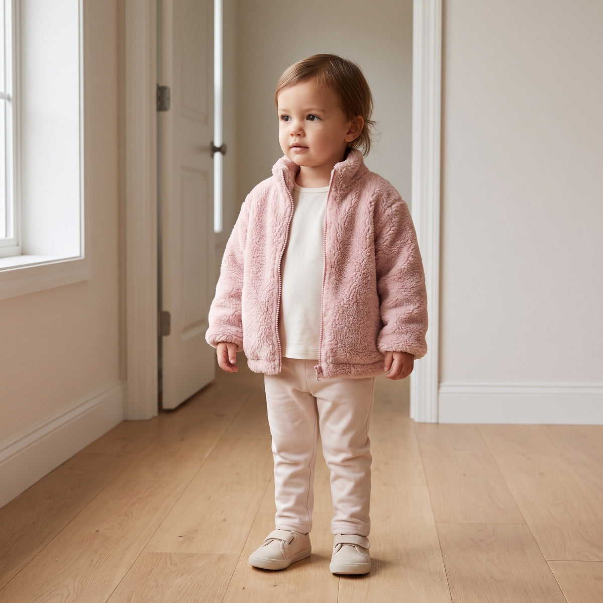 Toddler wearing the blush pink plush fleece jacket in a home hallway