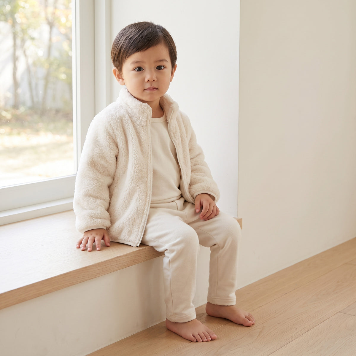 Toddler in the cream plush fleece jacket sitting on a window seat