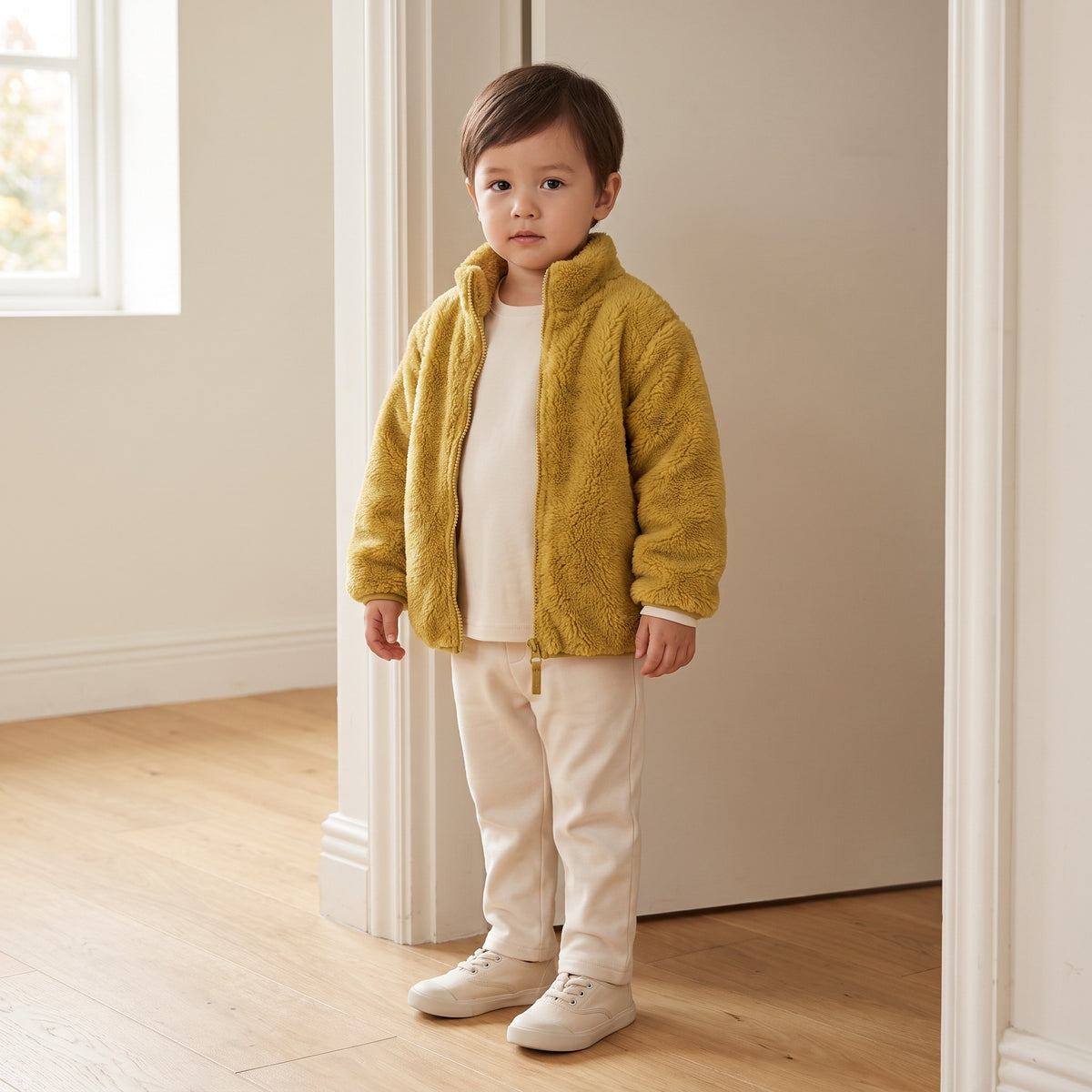 Toddler wearing the mustard plush fleece jacket in a home hallway