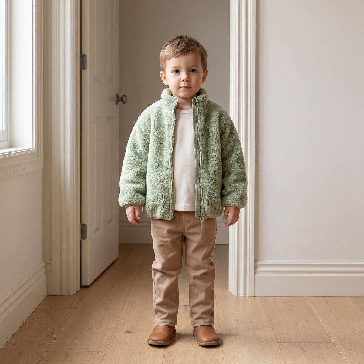 Toddler wearing the sage green plush fleece jacket in a home hallway