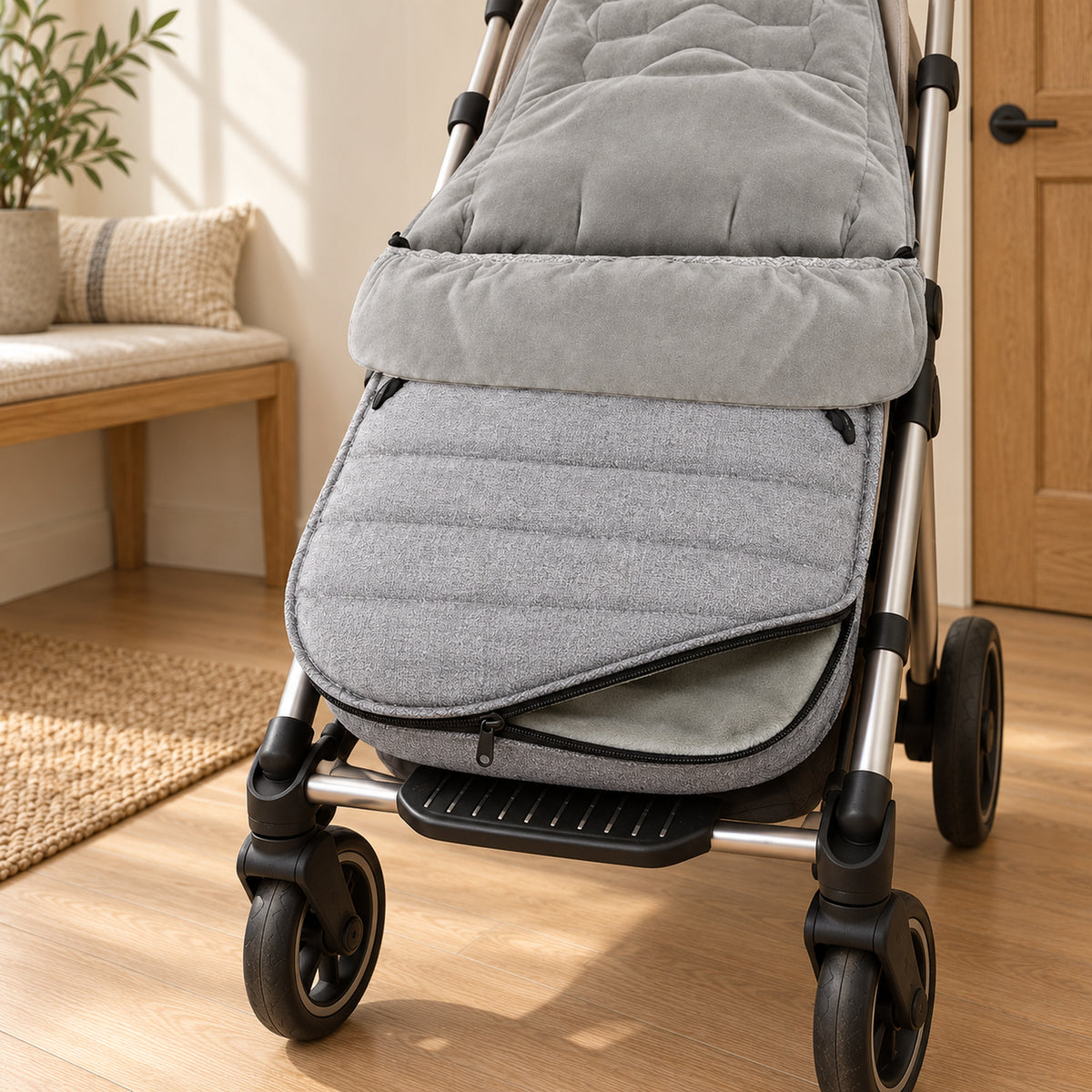 Gray stroller footmuff with its bottom zipper opened to reveal the velvet lining in an entryway