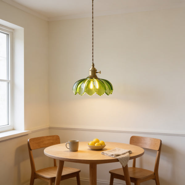 Green scalloped glass pendant light with brass fitting over a small oak breakfast table — Vintage Green Glass Pendant Light