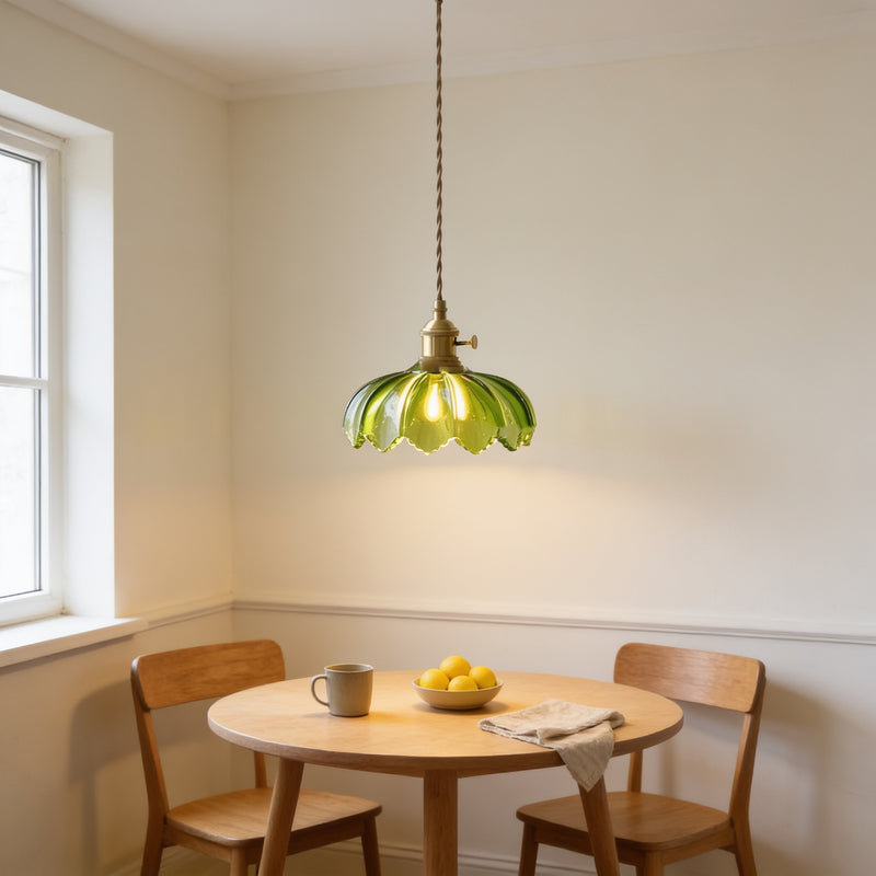 Green scalloped glass pendant light with brass fitting over a small oak breakfast table — Vintage Green Glass Pendant Light