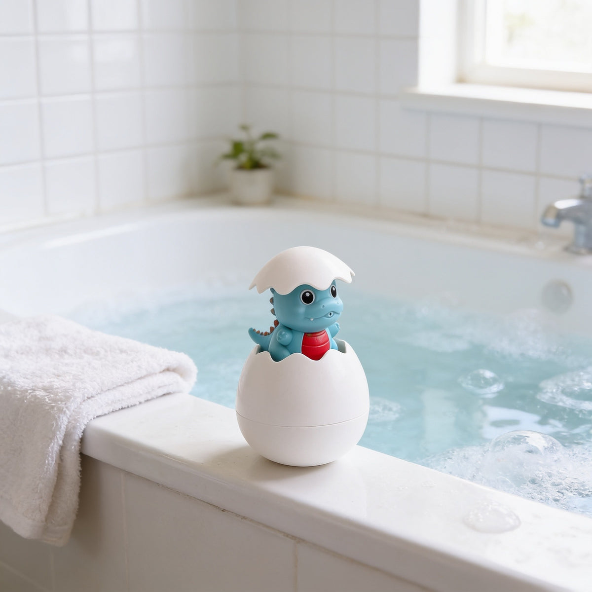 Hatching egg bath toy with a blue baby dinosaur on the ledge of a bright bathtub.