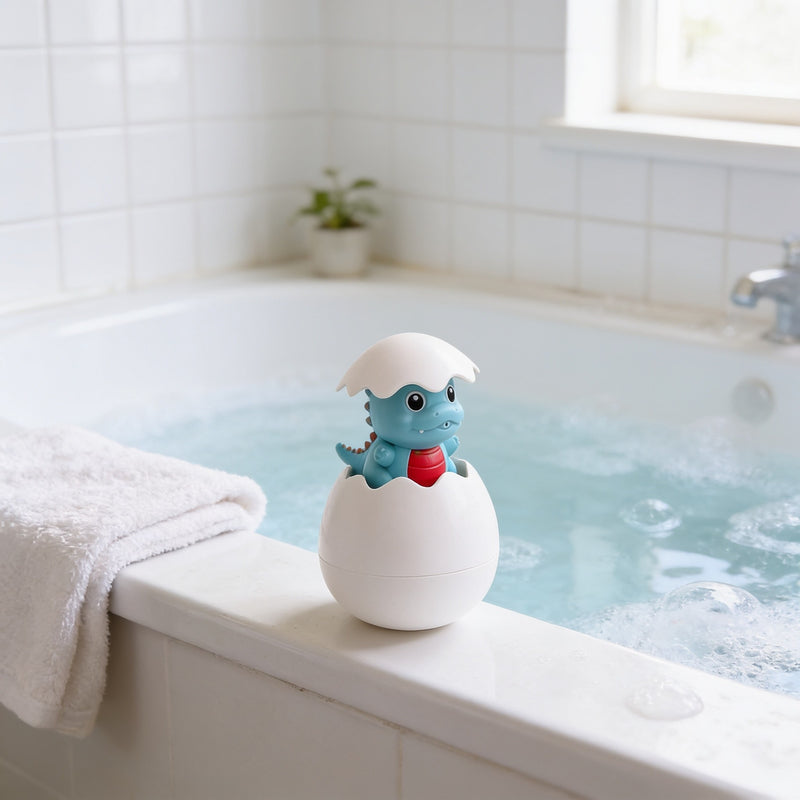 Hatching egg bath toy with a blue baby dinosaur on the ledge of a bright bathtub.