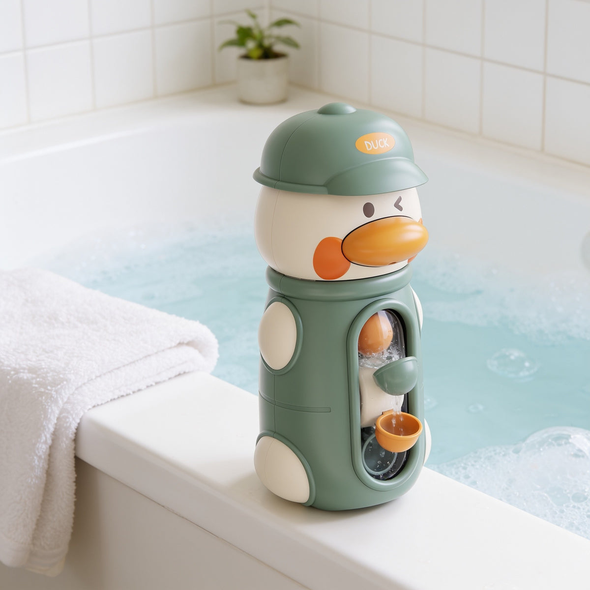 Water-wheel tower bath toy shaped like a duck on the bathtub ledge.