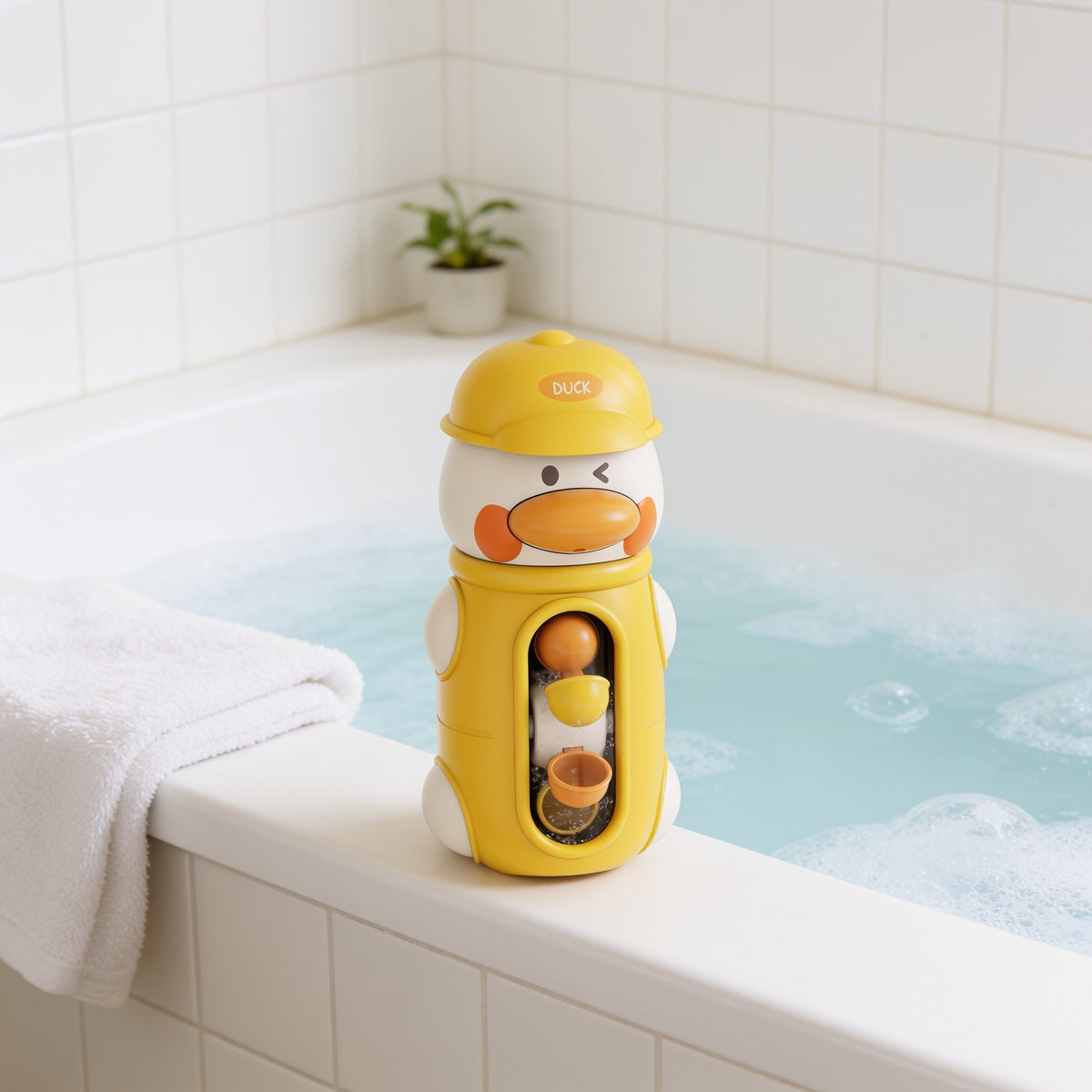 Water-Wheel Tower, Yellow Duck toddler bath toy in a bright bathtub.