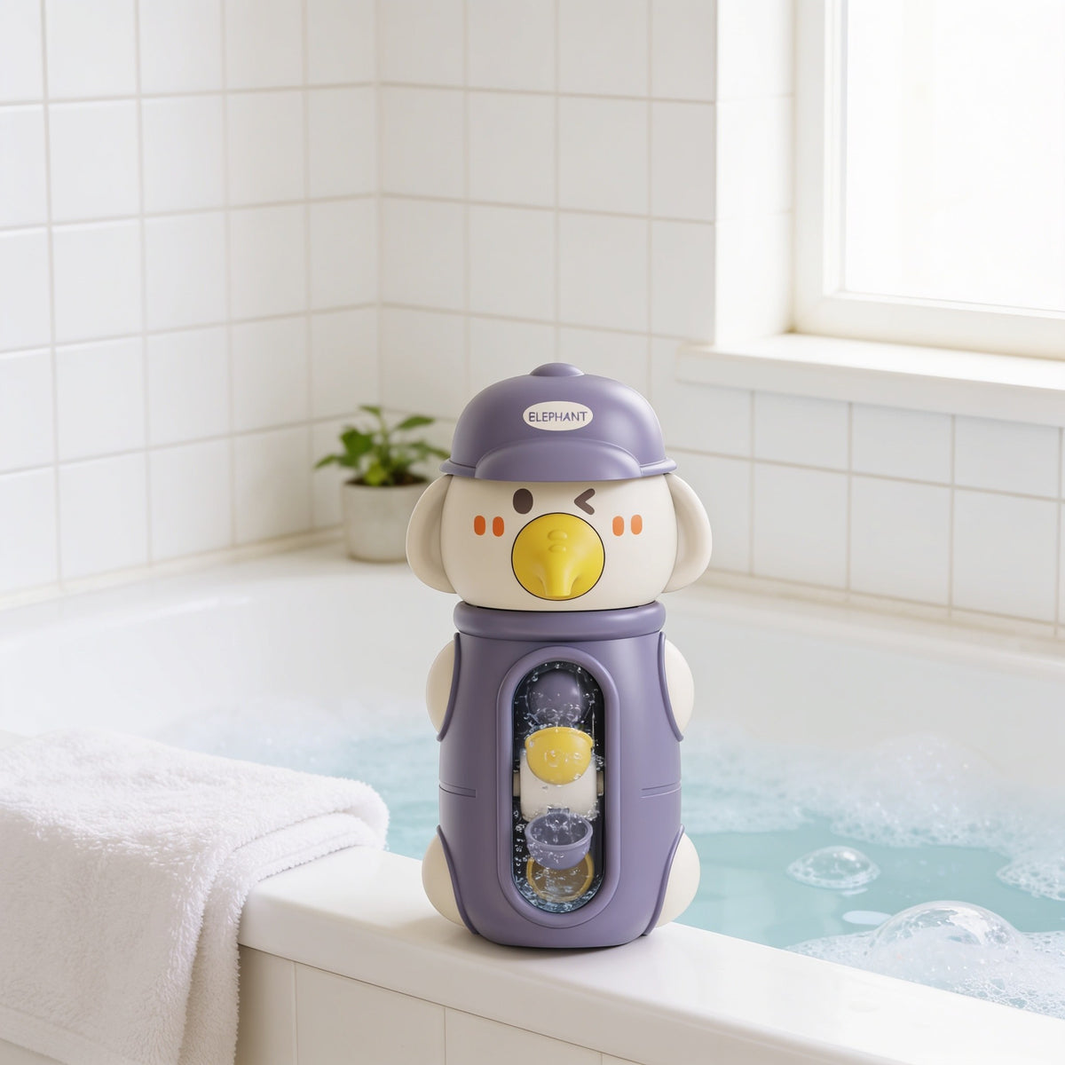 Water-Wheel Tower, Purple Elephant toddler bath toy in a bright bathtub.