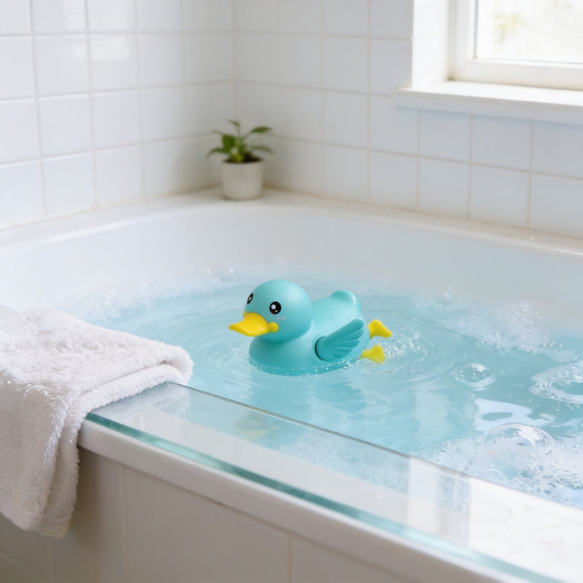 Wind-up duck bath toy swimming in the bathtub.