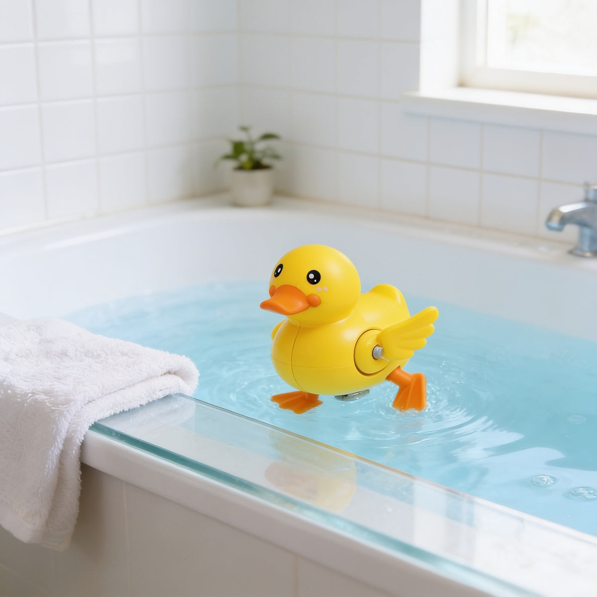 Wind-Up Duck, Yellow toddler bath toy in a bright bathtub.
