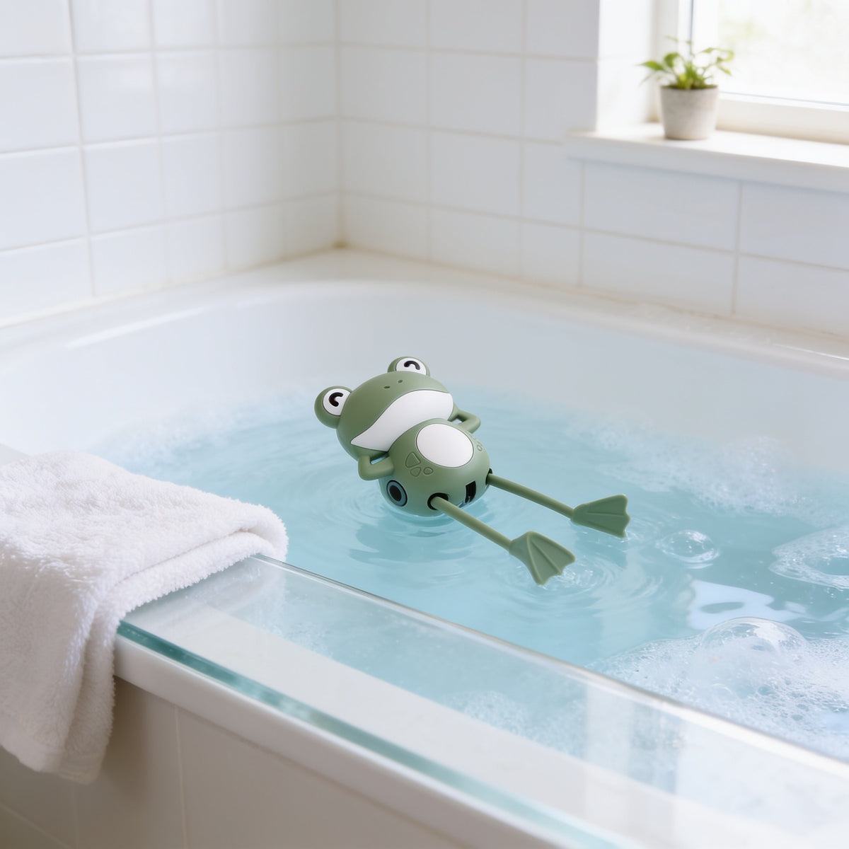 Wind-Up Frog, Green toddler bath toy in a bright bathtub.