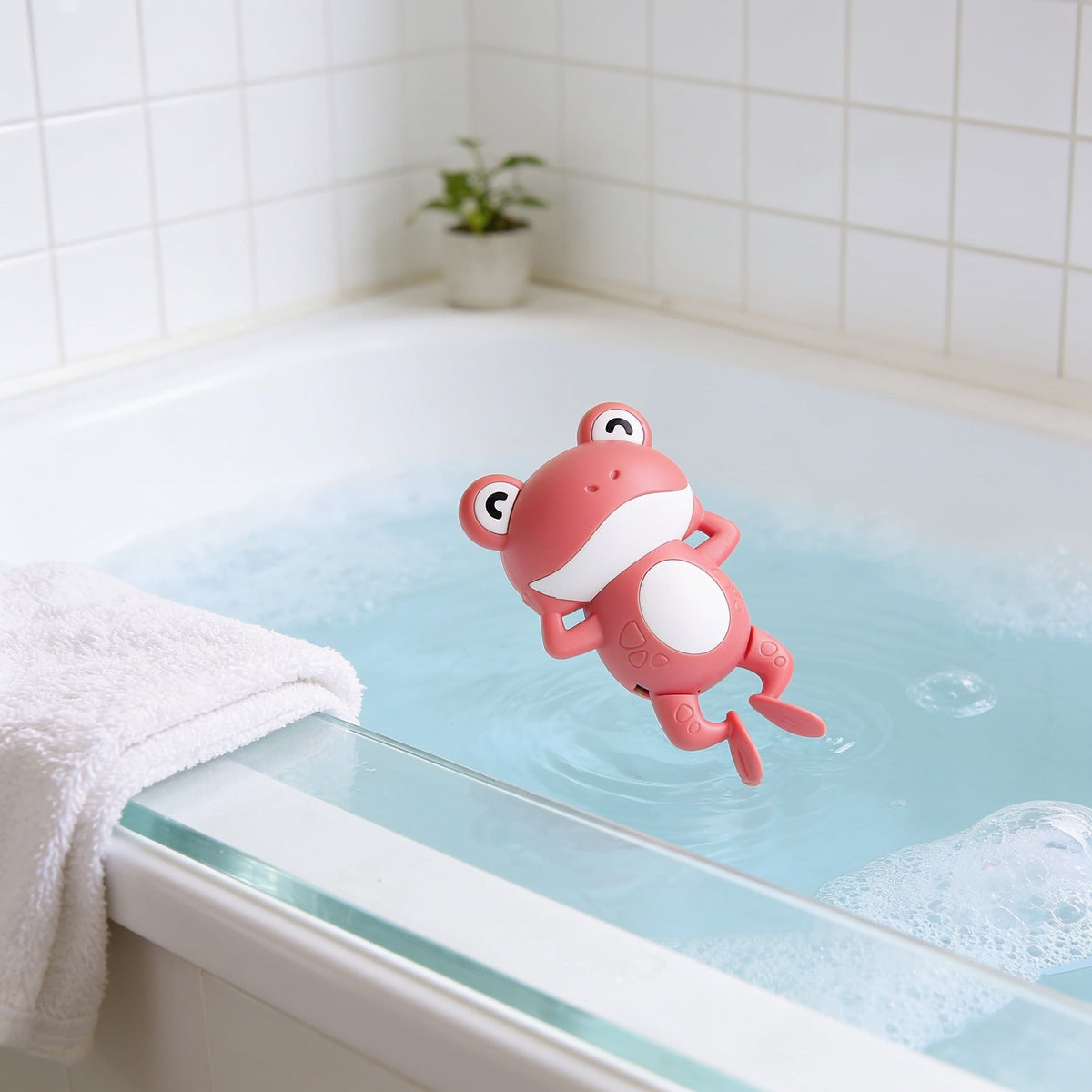 Wind-Up Frog, Pink toddler bath toy in a bright bathtub.