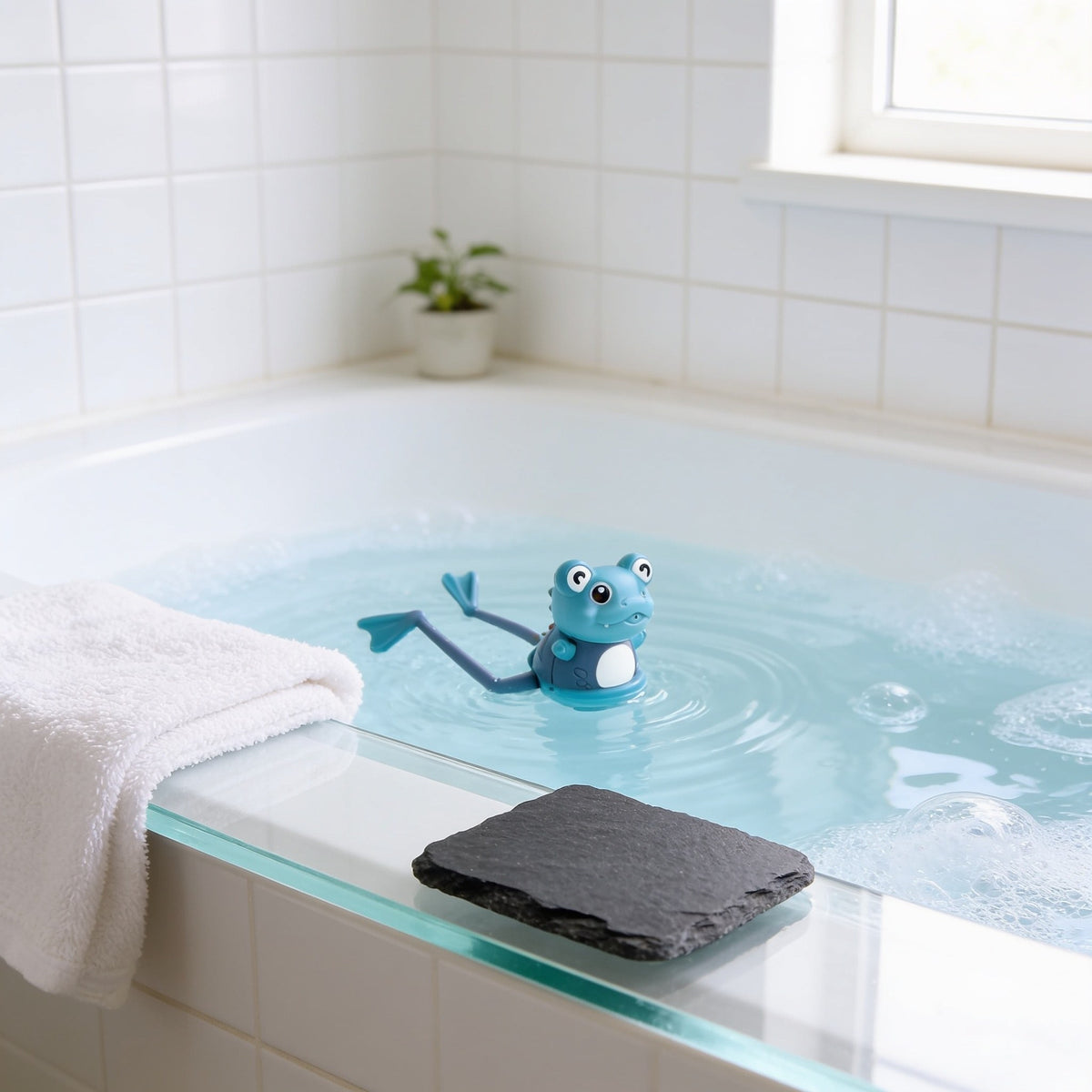 Wind-Up Frog, Dark Blue toddler bath toy in a bright bathtub.