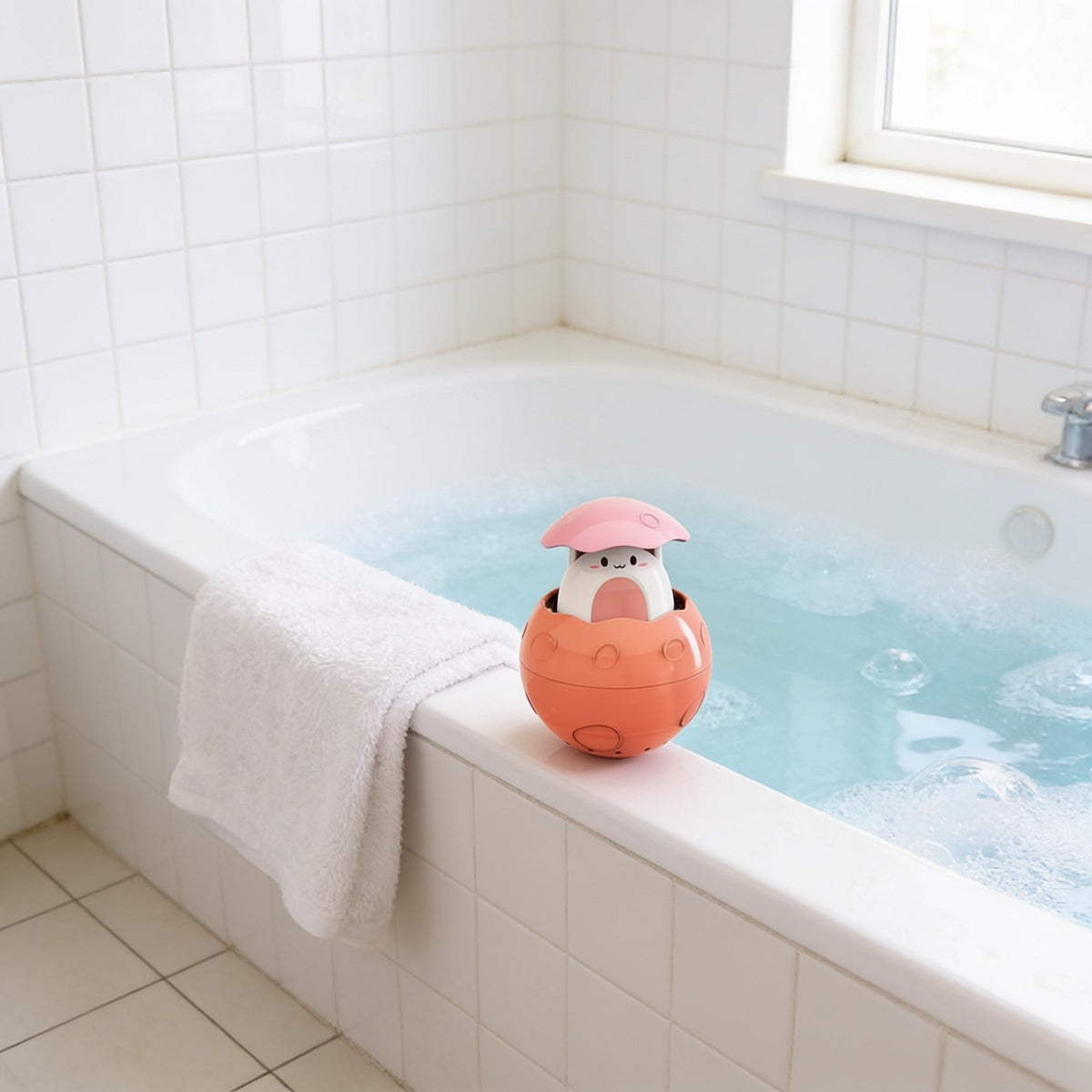 Rabbit Capsule, Orange toddler bath toy in a bright bathtub.