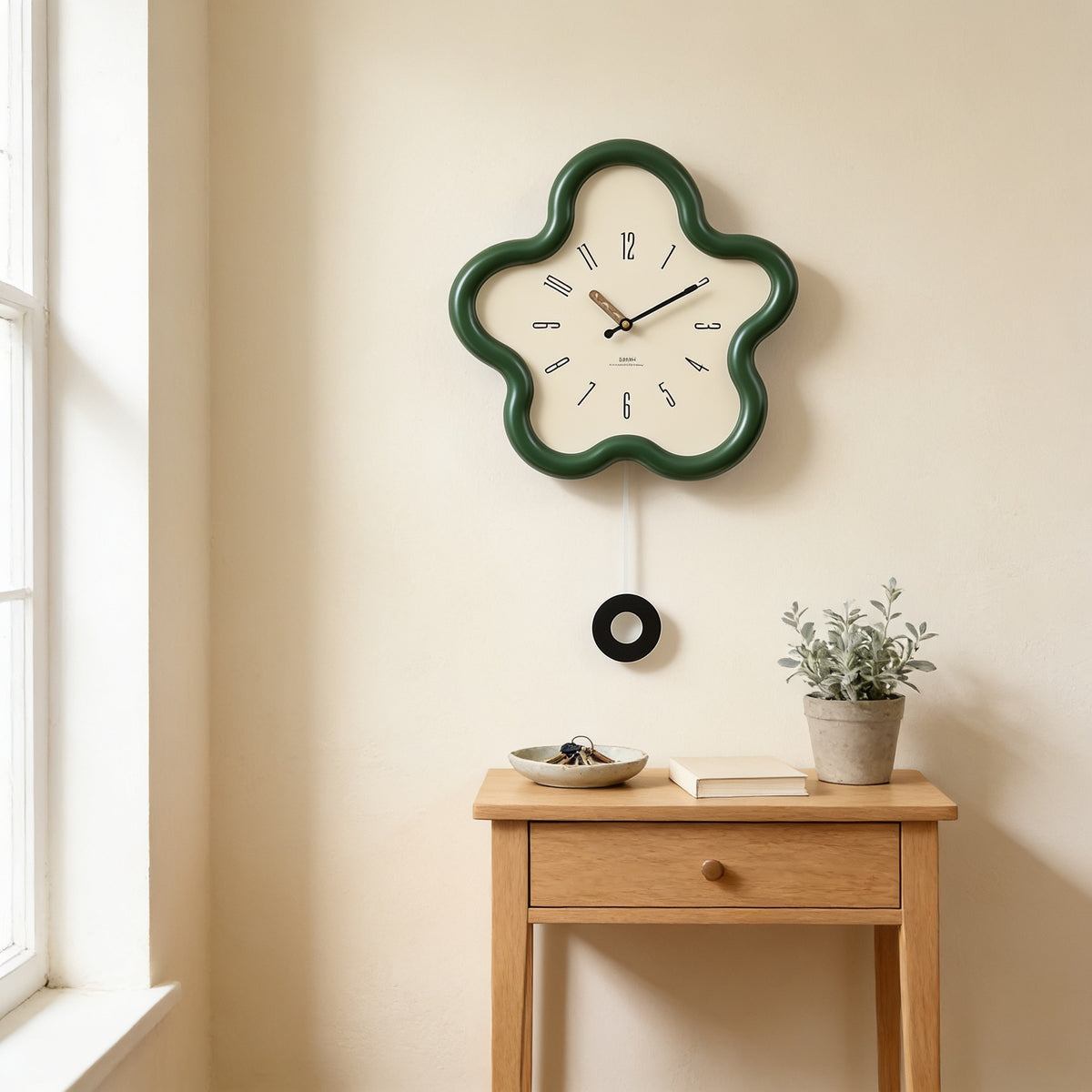 Green flower-shaped wall clock with swing pendulum above an oak console in an entryway — Wavy Flower-Shaped Wall Clock