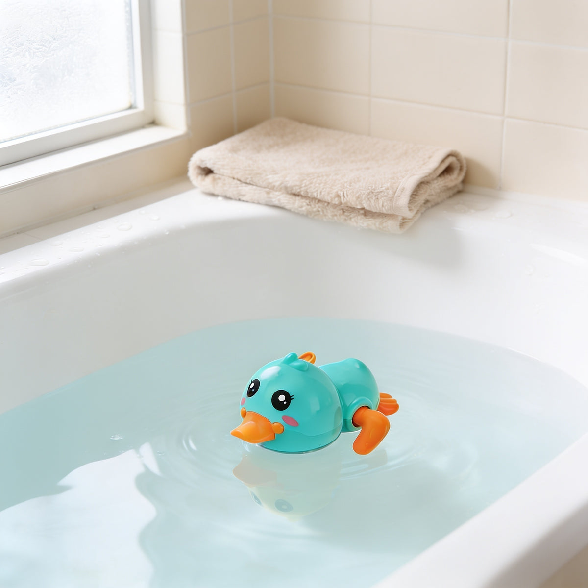 Teal blue wind-up duck bath toy floating on clear water in a white bathtub