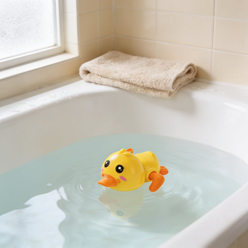Yellow wind-up duck bath toy floating on clear water in a white bathtub