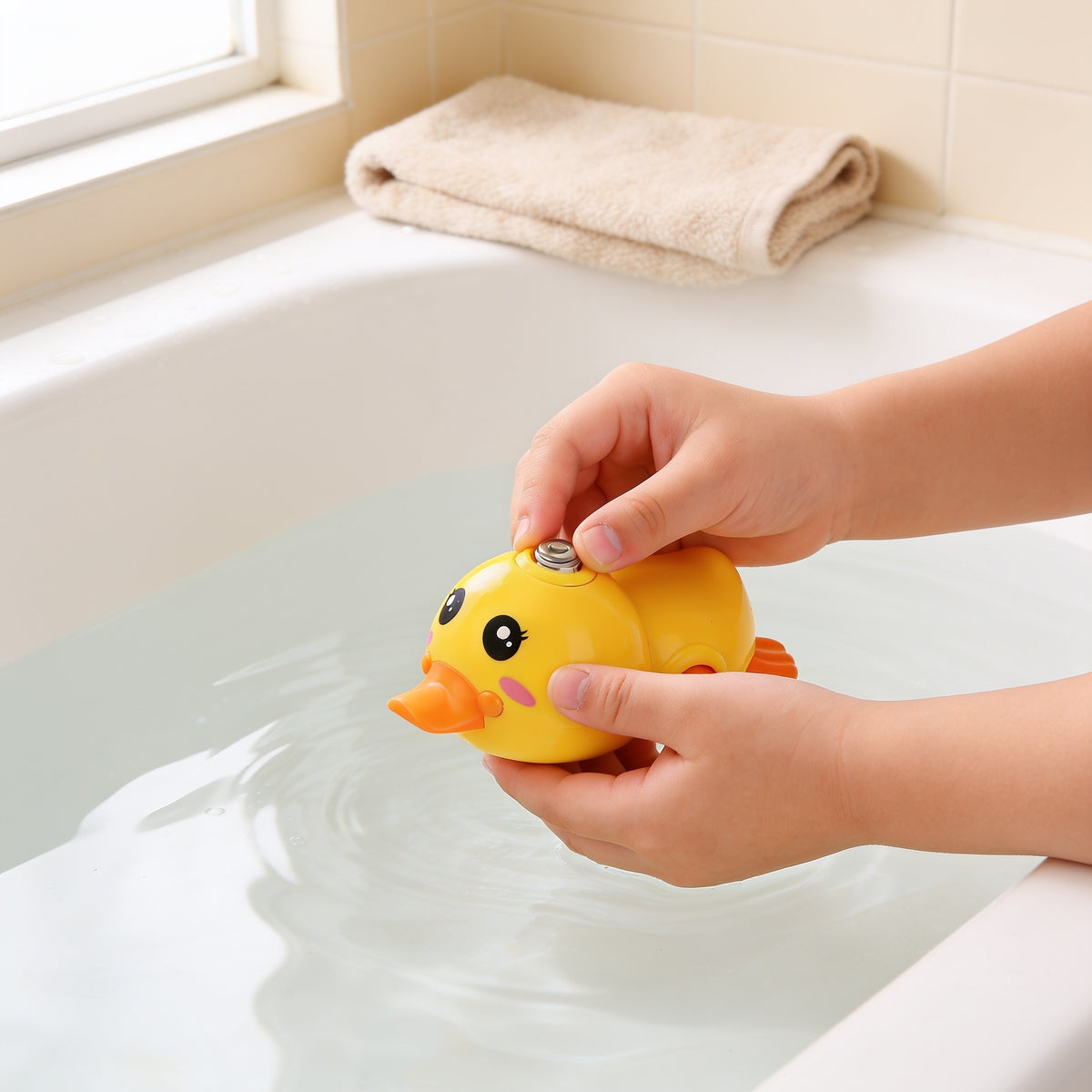 A child's hands winding the yellow duck bath toy above the bath water