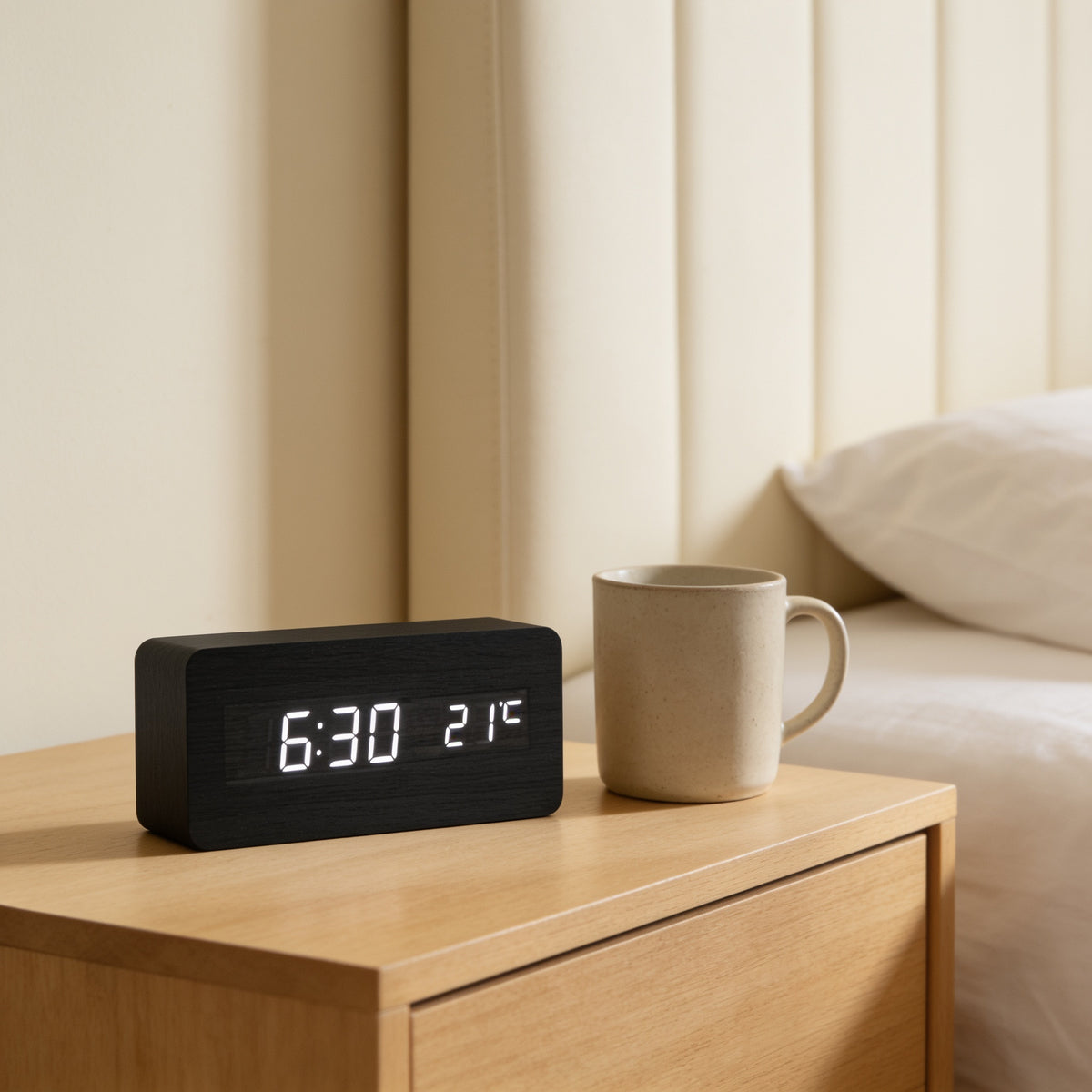 Black LED digital alarm clock with white digits on a bedside table