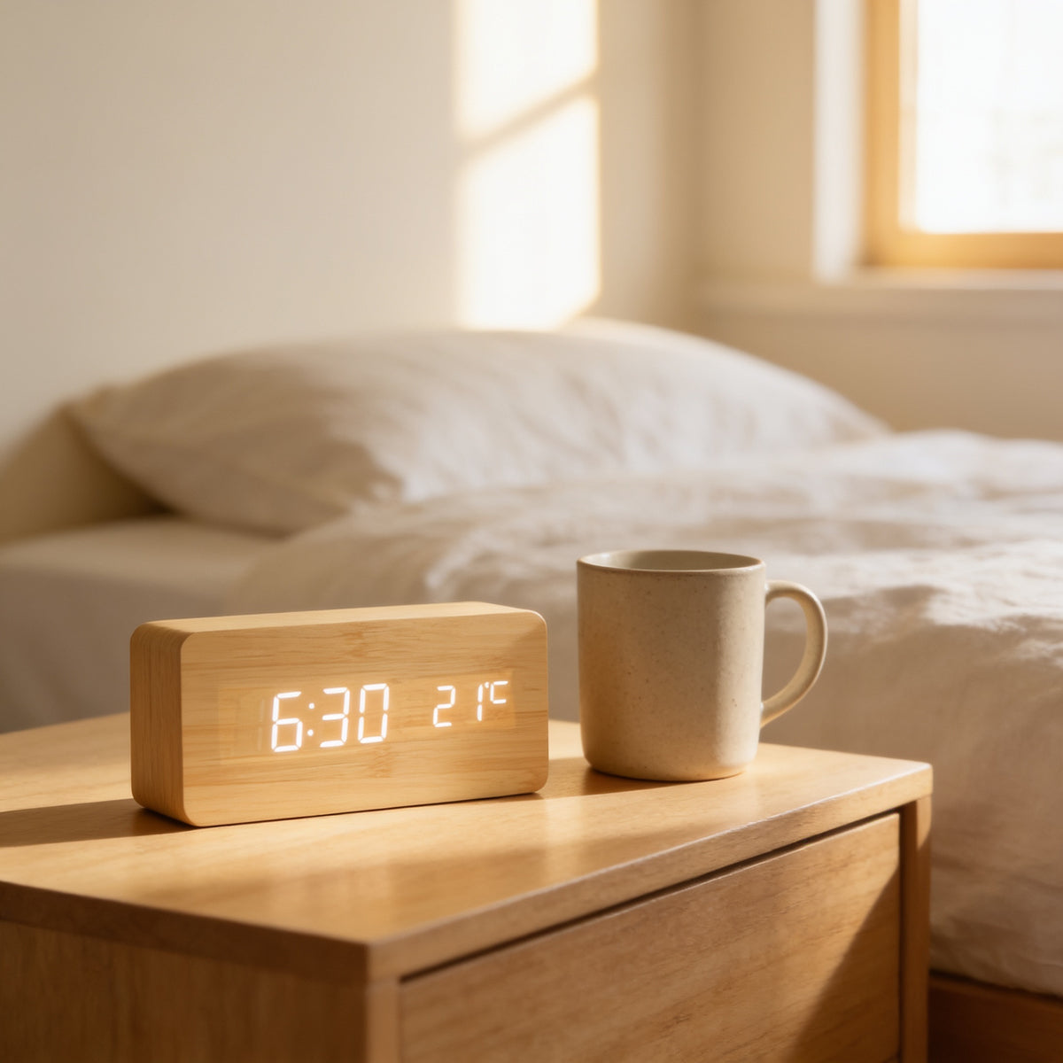 Bamboo LED digital alarm clock on a bedside table in a sunlit bedroom