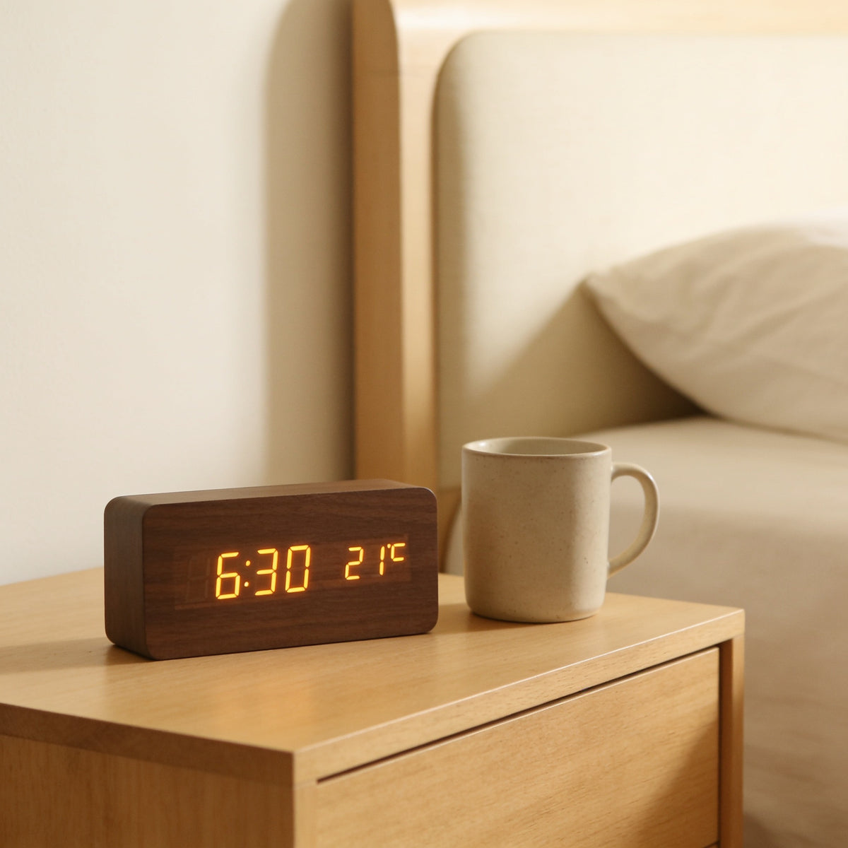 Walnut LED digital alarm clock with amber digits on a bedside table