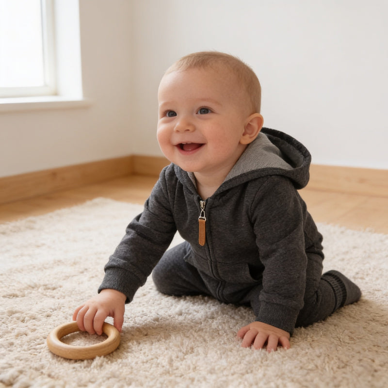 Smiling baby on a nursery rug wearing the charcoal zip-up hooded fleece romper.