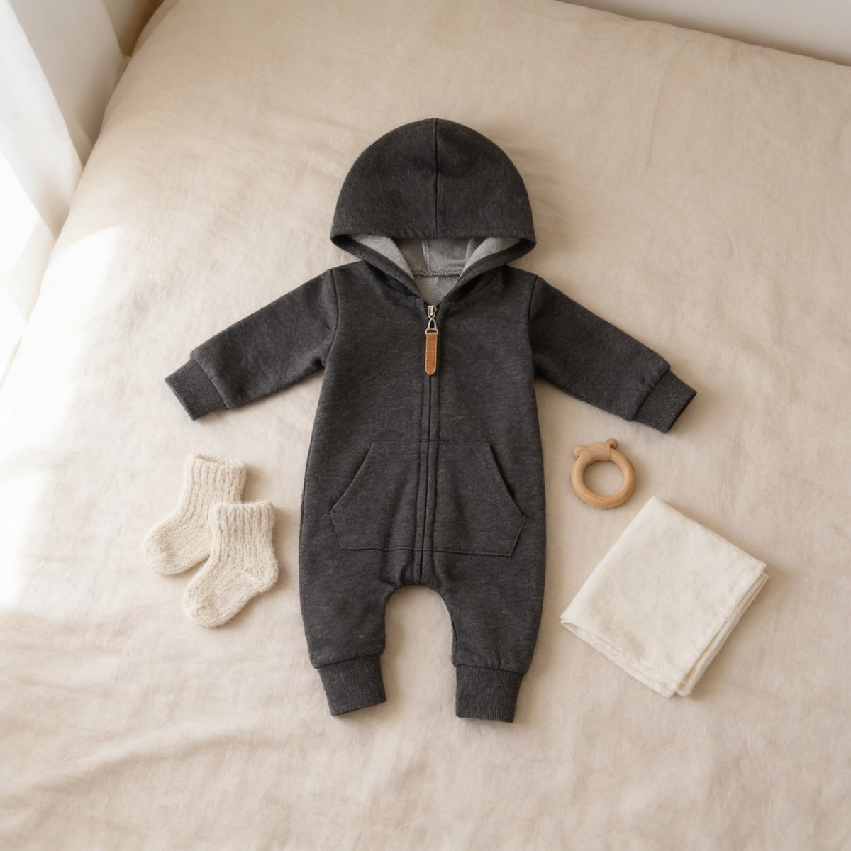 Charcoal hooded baby romper laid flat with a front zip, two pockets and ribbed cuffs.