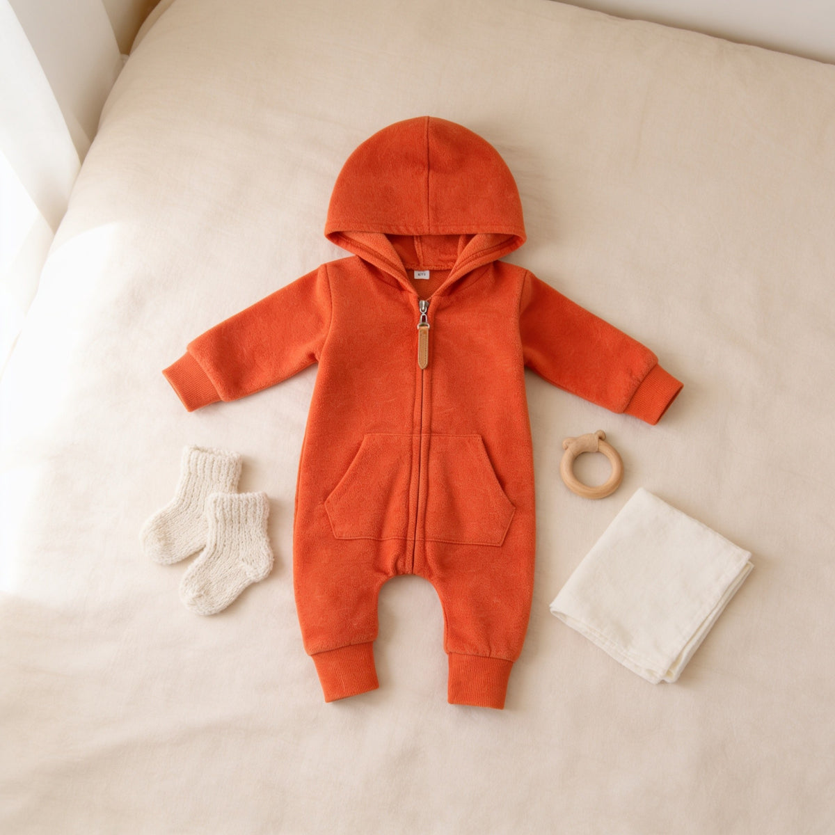 Pumpkin Orange zip-up hooded baby romper laid flat on a linen bedspread.