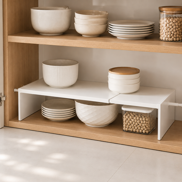 White retractable cabinet shelf riser doubling space for bowls and plates inside a wood kitchen cabinet