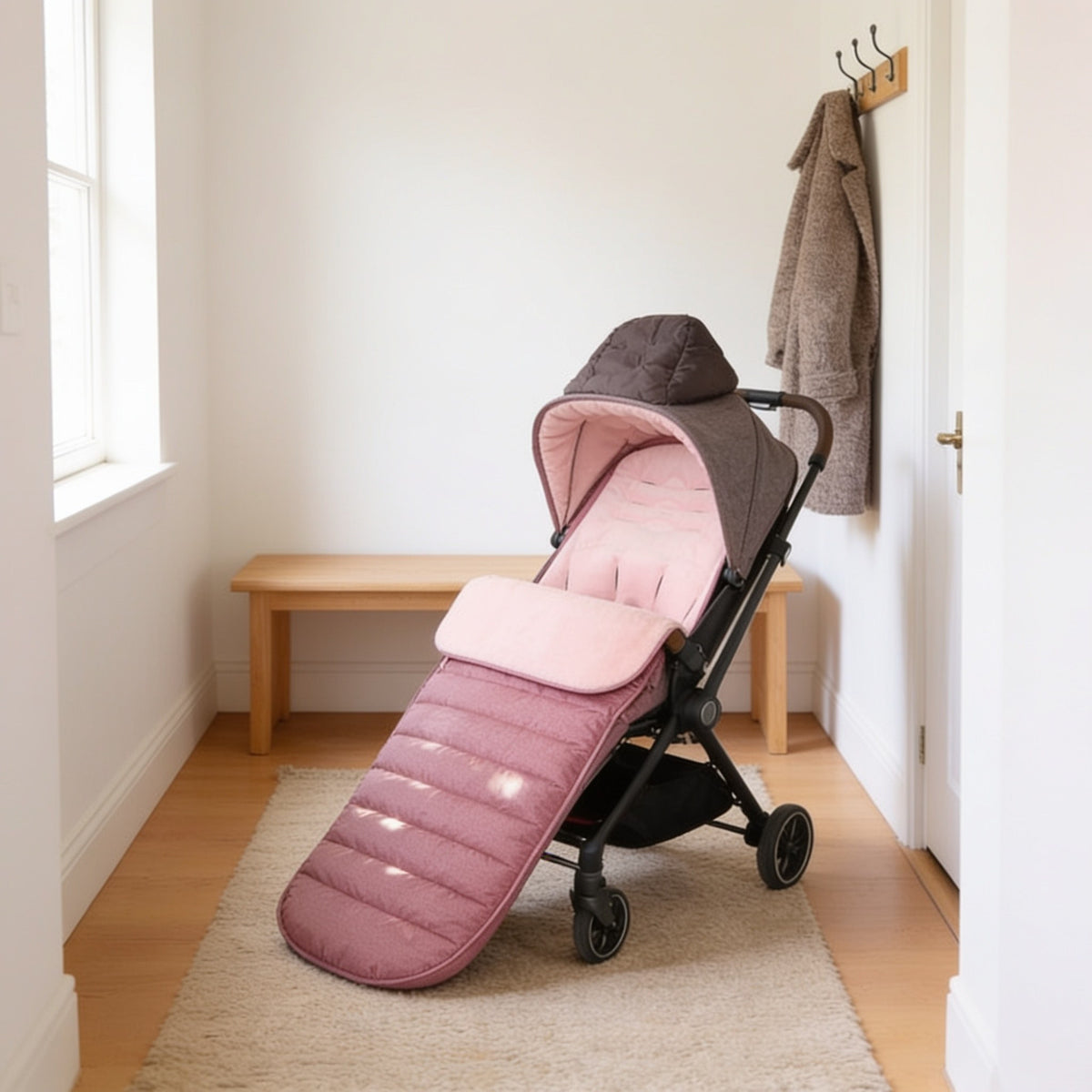 Pink fleece-lined bunting bag in an empty pushchair.