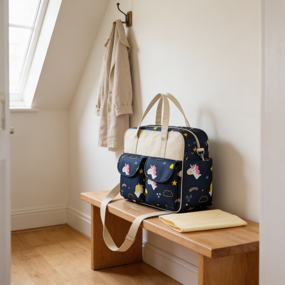 Navy rainbow unicorn print diaper tote bag on a light oak hallway bench, its changing mat folded beside it.