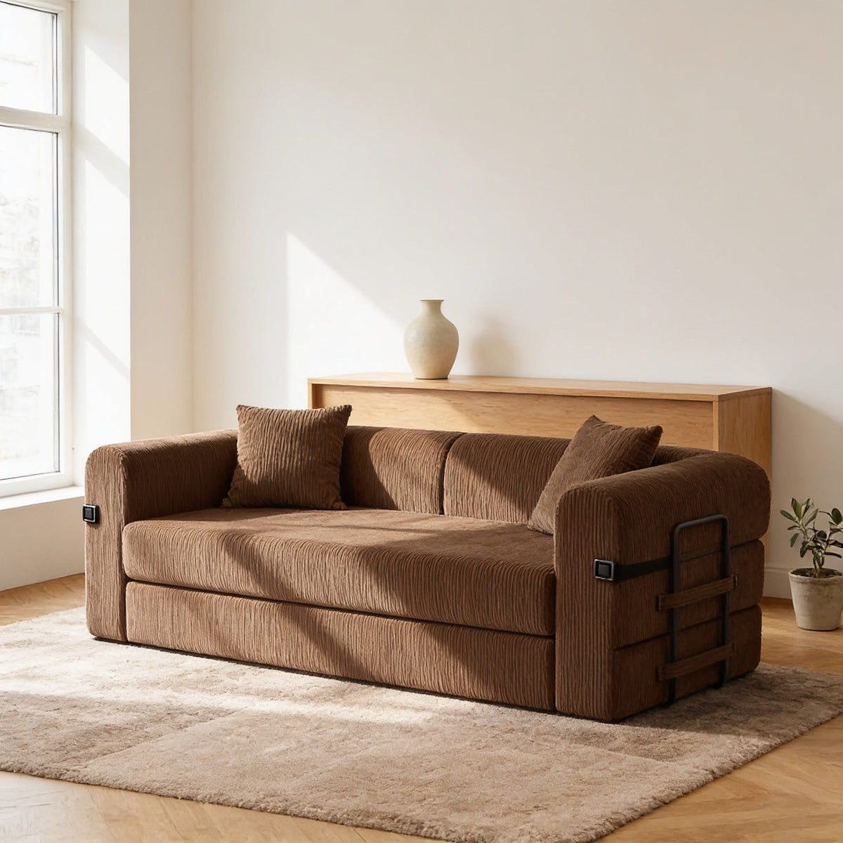 Warm brown corduroy convertible sofa bed in sofa mode in a warm living room.