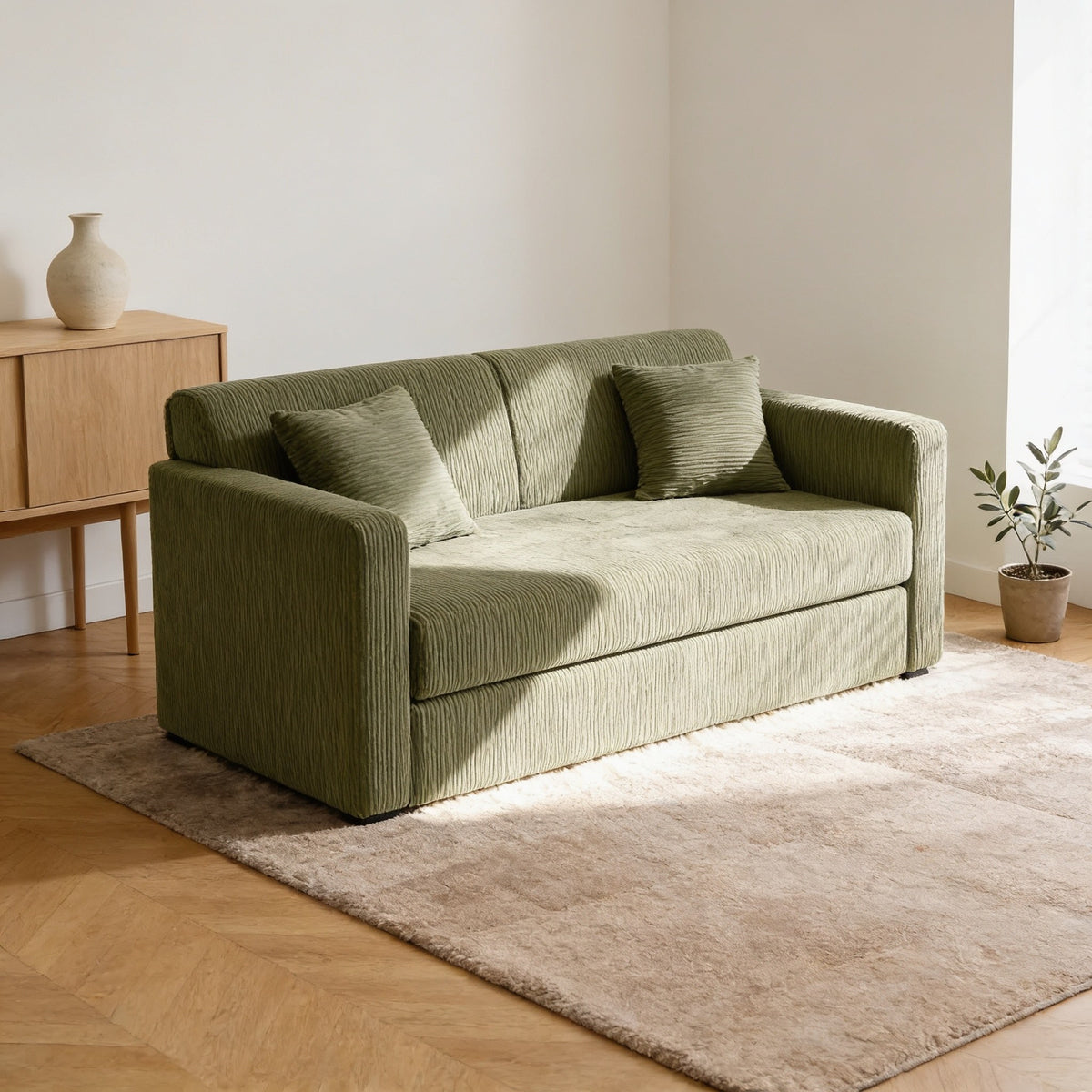 Light green corduroy convertible sofa bed in sofa mode in a warm living room.
