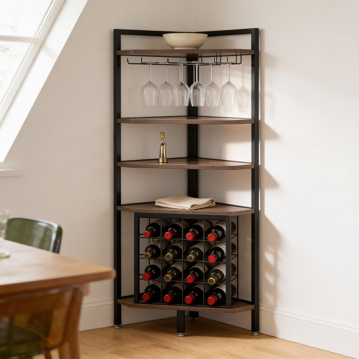 Corner wine rack fully loaded, eighteen wine bottles lying in the lower grid and eight glasses hanging from the stemware rails.