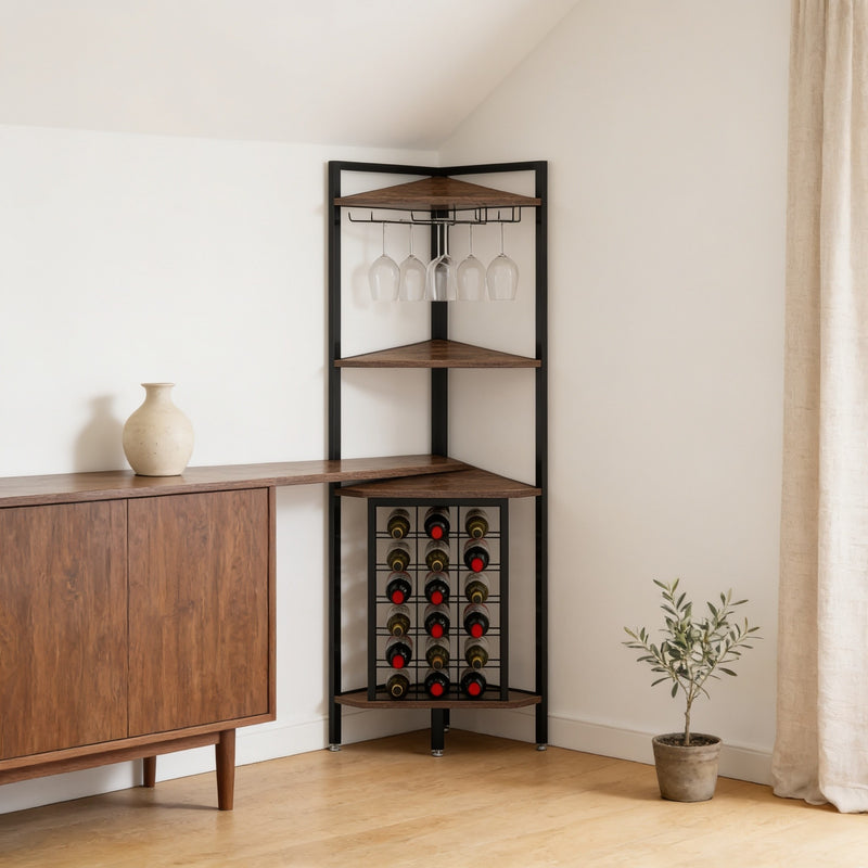 Four-tier corner wine rack in black steel and rustic brown wood standing in a dining room corner beside a walnut sideboard, bottles in the lower grid and wine glasses hanging beneath the top shelf.
